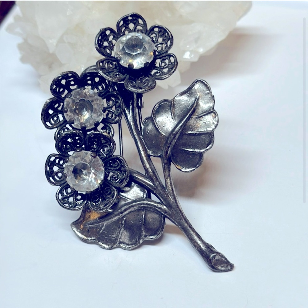 Antique pin silvertone filigree, clear crystal flower bouquet fur clip//hat pin.